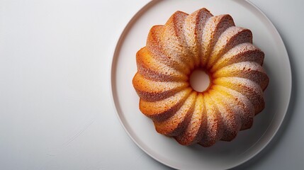 Bundt cake with golden baked texture on a white plate, minimalist dessert photography, elegant homemade pastry concept, top view presentation on a clean white background.

