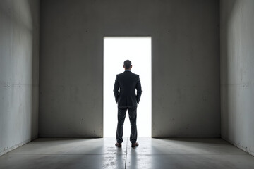 Obraz premium businessman stands bright light emerging small door plain concrete