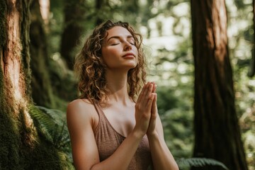 Woman meditates, hands clasped, serene forest setting.
