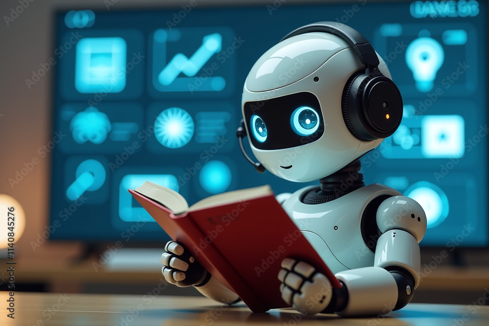 Poster cute robot reads book headset digital screen showing ai learning