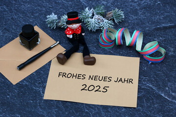 Frohes neues Jahr 2025 Schornsteinfeger und Glücksbringer mit Neujahrswünschen.	
