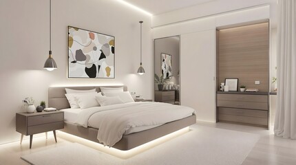 Elegant Bedroom with Floating Bed, Ambient Lighting, and Modern Design