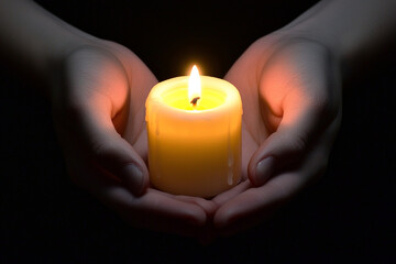 Hands cradling a glowing candle in the dark