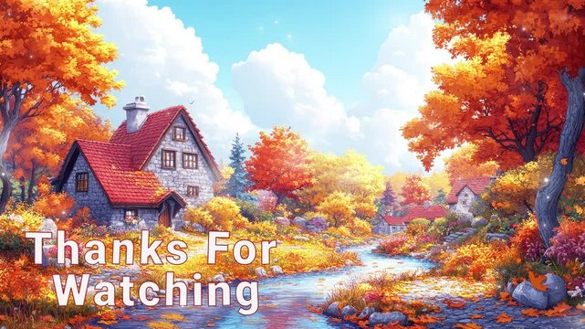 A charming cottage nestled in vibrant fall foliage awaits discovery. thanks for watching stream overlay seamless loop Vtuber streamer asset twitch zoom OBS screen animated wallpaper virtual background