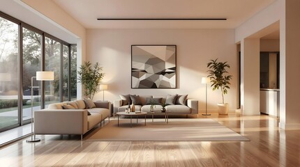 Spacious Living Room with Modern Sofas, Plants, and Natural Light