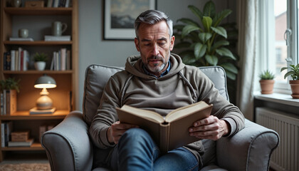 Fototapeta premium Middle-aged man reading a book in a cozy armchair at home 