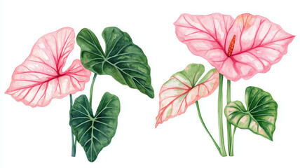 Obraz premium Pink caladium. Green palm leaf. Tropical plants. Watercolor botany.
