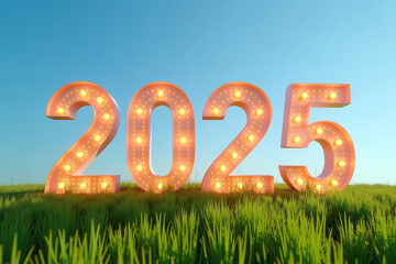 glowing number appears clear blue sky beside lush green grassy