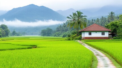 Fototapeta premium Serene Kerala homestay nestled among lush rice paddies and misty hills during the tranquil early morning hours