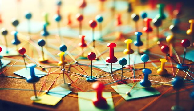 Close-Up of a Cork Board with Colorful Push Pins and Interconnected Strings