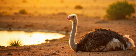 Ostrich resting by desert oasis at golden sunset, copy space