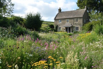 Stone house, vibrant wildflowers, idyllic countryside scene.