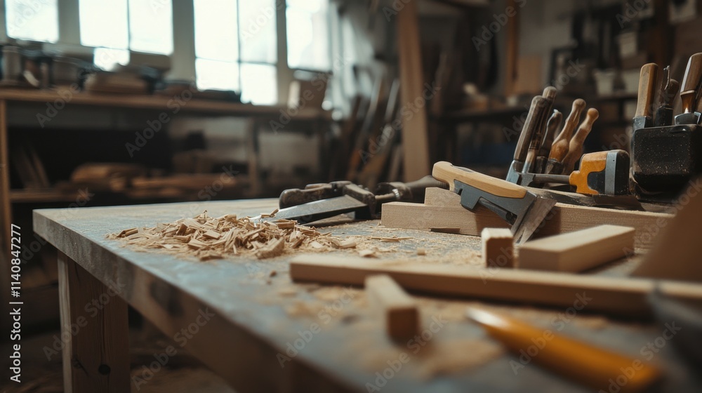 Wall mural A peaceful woodworking shop with tools and wooden projects, Carpentry tools and unfinished wood pieces organized, Classic craftsmanship style