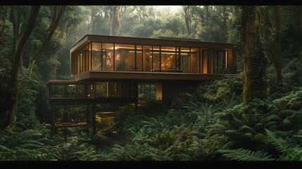 Obraz premium Wide angle shot of a modern house nestled in a natural forest setting