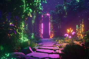 Glowing neon portal illuminating magical forest path at night