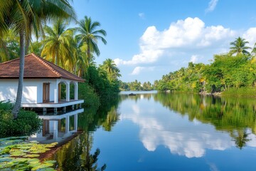 Obraz premium Fishermans house on stilts in Kerala backwaters surrounded by lush palm trees and tranquil waterways reflecting the blue sky