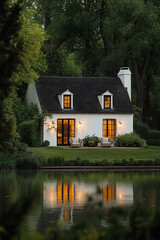 Obraz premium A white French cottage with a black roof, surrounded by lush greenery and reflecting in the lake at dusk. The windows of each room glow warmly as if inviting you inside for an evening.