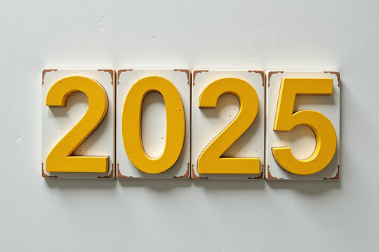 minimalist tile displays yellow text block letters banner year