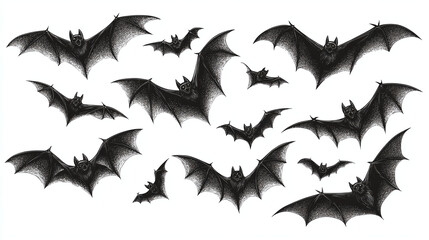 Fototapeta premium Set of flying bats isolated on white background. Group of flying black bats for Halloween decoration.