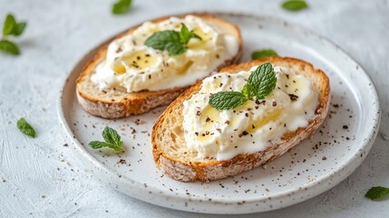 Two slices of toasted bread topped with creamy cheese spread, honey, and fresh mint leaves, served on a speckled plate.