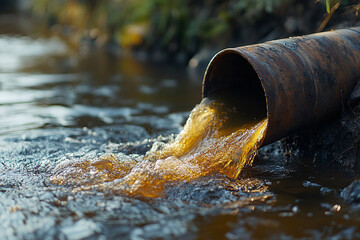 Sewage pipe discharges sewage and wastewater into the river. Environmental pollution, Hazardous waste water.