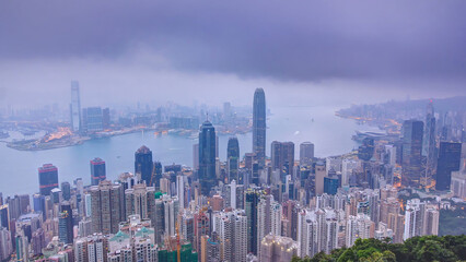 The famous view of Hong Kong from Victoria Peak night to day timelapse.