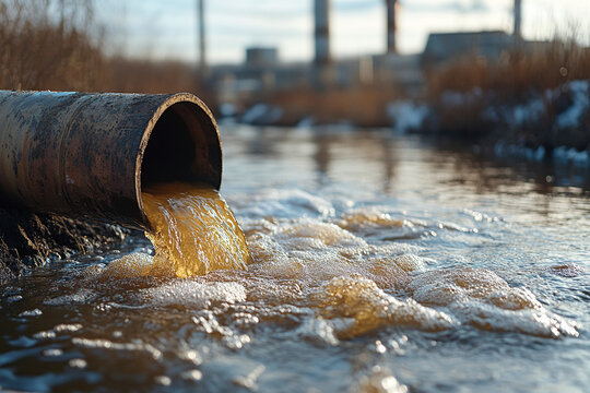 Industrial effluent, pipeline discharging liquid industrial waste into a river. Environmental pollution, Hazardous waste water from factory
