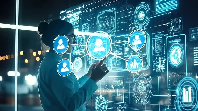 russian intelligence and IoT automation in digital transformation A person using a virtual interface to engage with AI (Artificial Intelligence) systems, neural networks