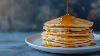 stack of pancake with honey syrup on the white plate on isolated transparent background