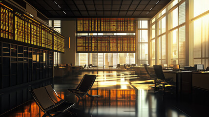 The interior of a room in a brokerage or securities building, showcasing the bustling atmosphere of the stock market and investment in securities. Generative Ai