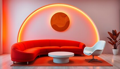 Modern Living Room with Red Sofa, White Chair, and Circular Design