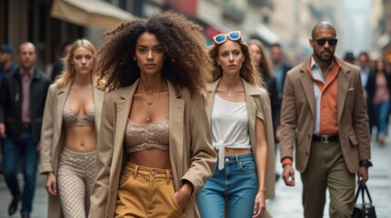 A dynamic scene of models walking down the street in trendy outfits, showcasing the latest fashion styles. The urban backdrop enhances the overall vibe