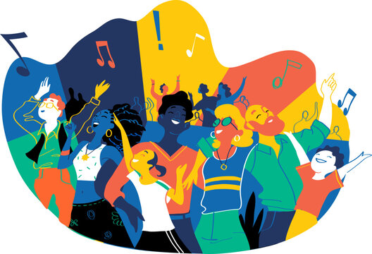 Group of people of different ages is happy to be together dancing and celebrating a special event. Happy family enjoy concert, music festival, party, show, performance, recital. Vector illustration