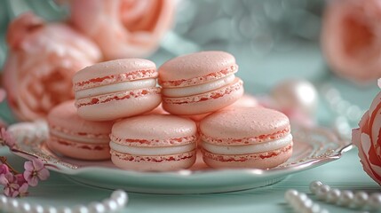 Fototapeta premium Pink macarons filled with cream on a decorative porcelain plate, surrounded by pearls and flowers, pastel food photography, elegant French dessert styling, romantic and delicate concept.