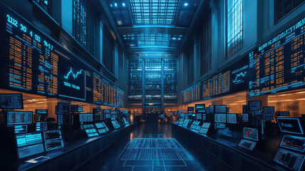 Fototapeta premium The interior of a room in a brokerage or securities building, showcasing the bustling atmosphere of the stock market and investment in securities. Generative Ai