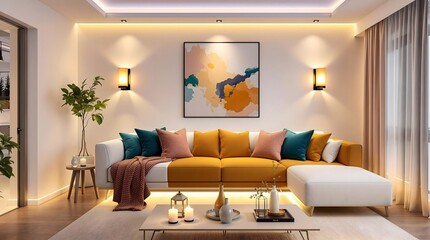Modern Living Room with Yellow Sofa, Colorful Cushions, and Modern Lighting