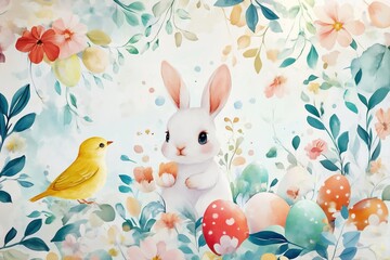 Obraz premium Background with eggs and white bunny. Concept of Easter banner. Vector.
