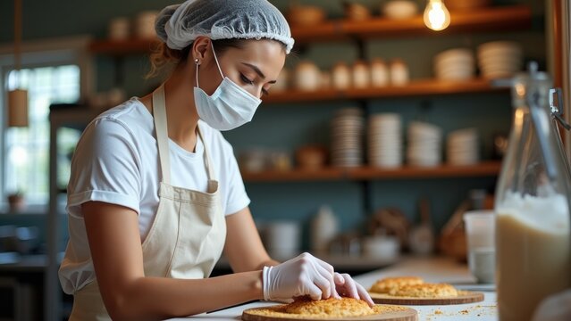 A skilled baker wearing a mask and gloves expertly shapes pastries in a warm, inviting cafe kitchen filled with various utensils and ingredients - Powered by Adobe