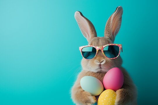 An easter bunny rabbit wearing sunnies, shades, sunglasses holding colourful easter eggs against a turquoise isolated background with room for text.