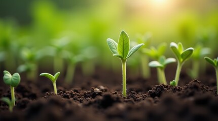 Close-up of fresh green seedlings sprouting from dark, moist soil, illuminated by soft sunlight in a greenhouse. A vibrant display of early plant growth.