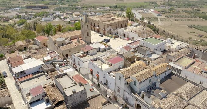 Aerial view of the main square in the historic center of the town of Bernalda, in the province of Matera, Basilicata, Italy. It is a traditional Italian village.
