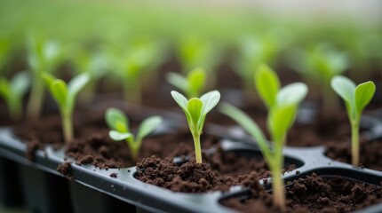 Close-up view of seedling trays with tiny green sprouts growing in moist soil, arranged in organized rows. Ideal for showcasing plant growth in a greenhouse setting.