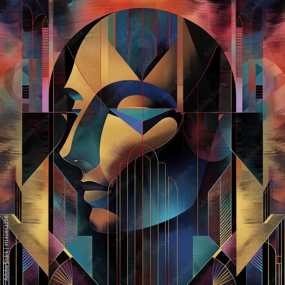 Poster abstract female portrait with geometric patterns and vibrant colors, blending shapes and lines a fus