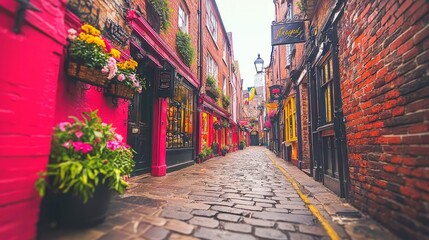Naklejka premium A vibrant alleyway lined with colorful buildings and blooming flowers.