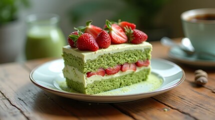 matcha strawberry cake dessert with green tea flavors