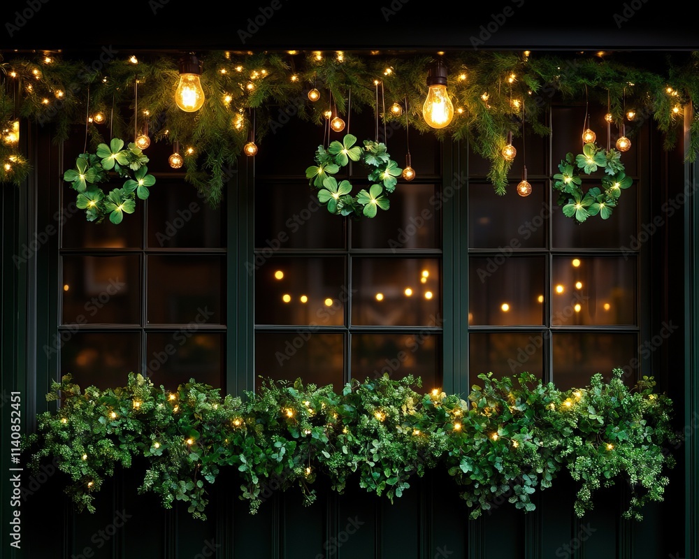 Poster a cozy window adorned with greenery and warm lights, creating an inviting atmosphere perfect for the