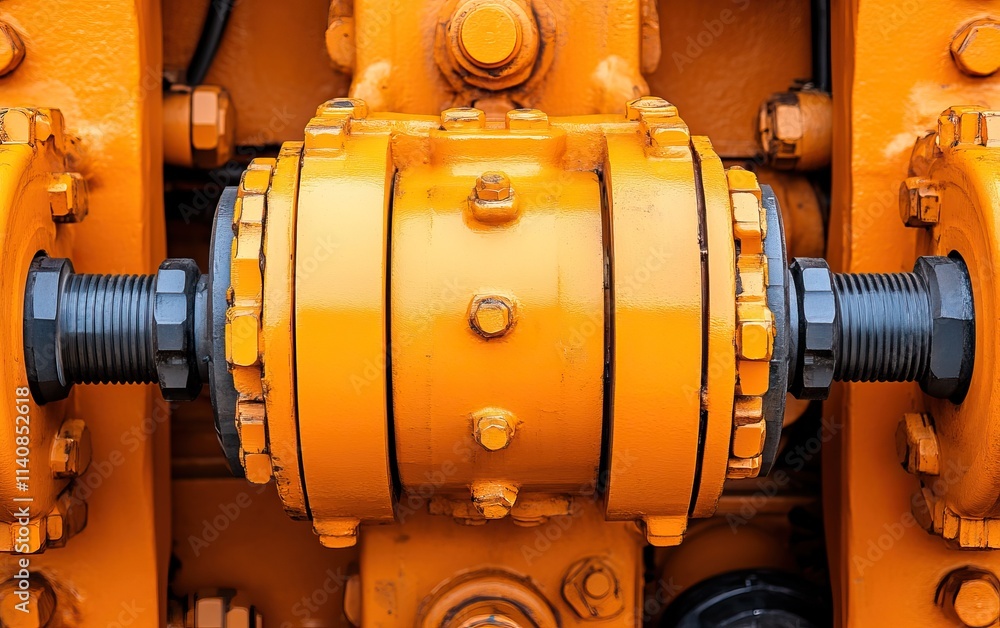 Poster a close-up view of a mechanical coupling, showcasing its intricate design and vibrant orange color, 