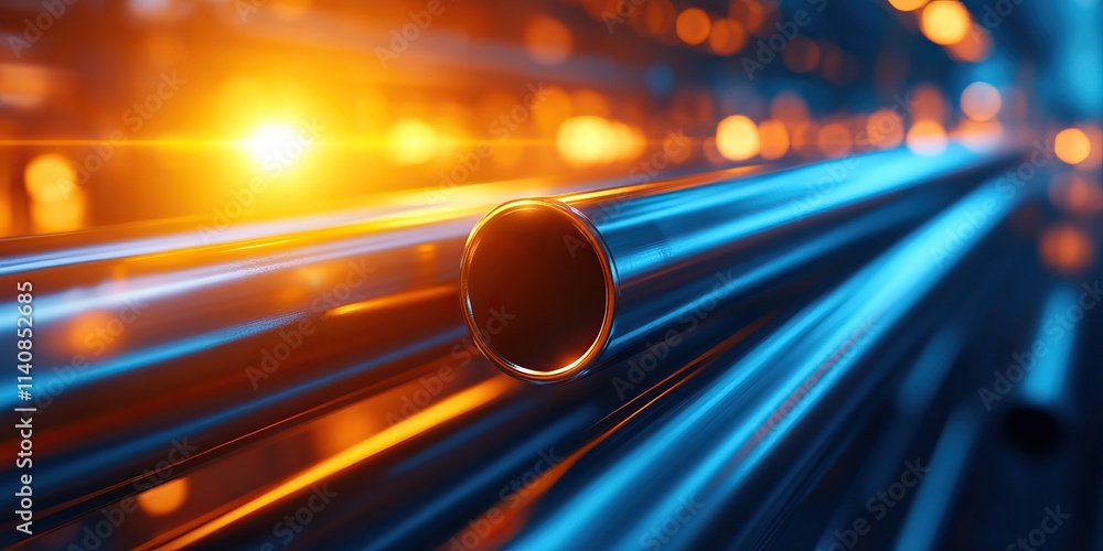 Poster a close-up view of illuminated pipes with vibrant blue and orange lights, creating a dynamic and fut