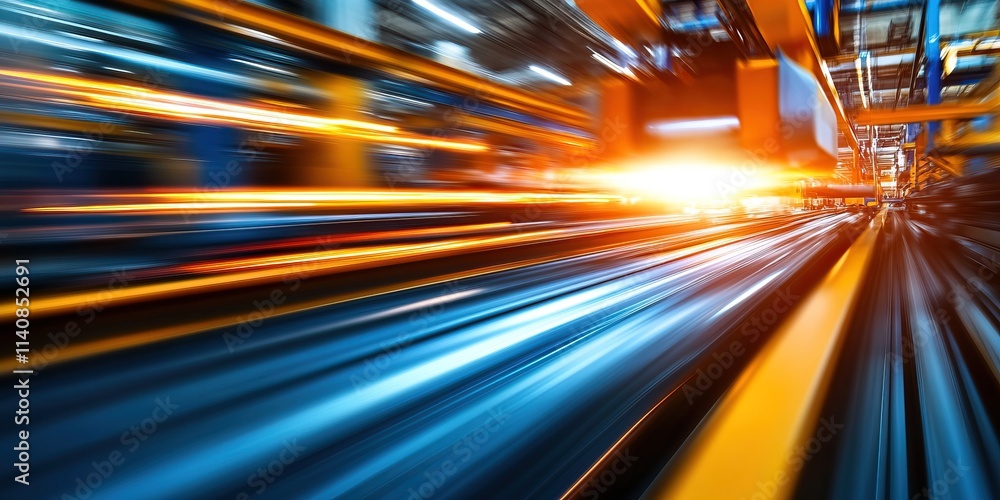 Poster a dynamic shot capturing vibrant light streaks in an industrial setting, symbolizing speed and progr