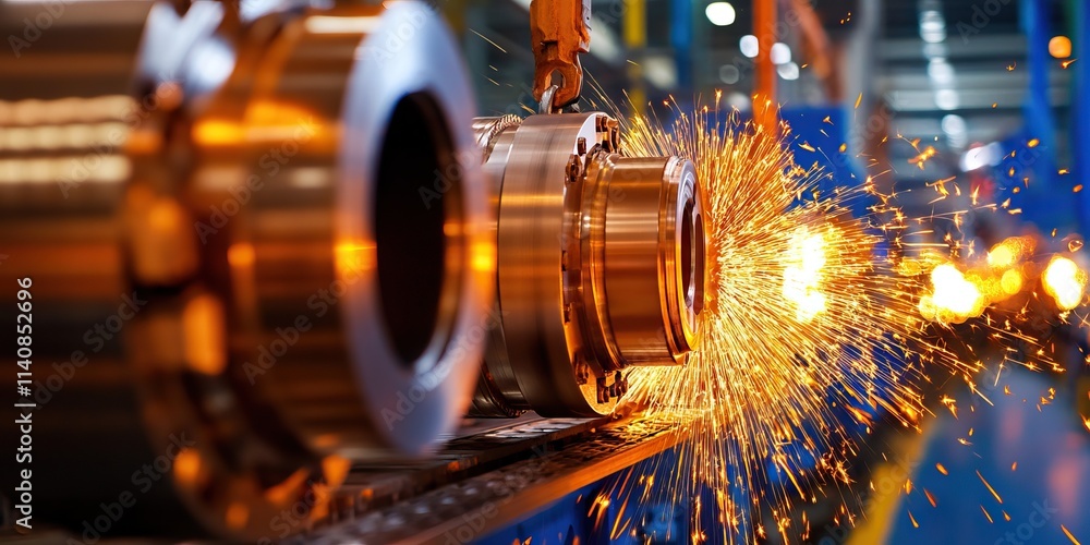 Poster the image depicts a close-up of metalworking, showcasing sparks flying from a machining process with